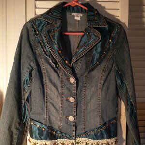 unique Cache embellished blue jean jacket log sleeves sz 8 possibly by hand